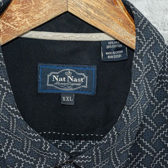 Nat Nast Men's Silk Cotton Short Sleeve Button up Shirt blue geo print 2XL - Picture 2 of 6
